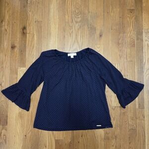 Michael Kors Womens Polka Dot Stretch Top‎ Bell Sleeve Blouse Navy Blue
